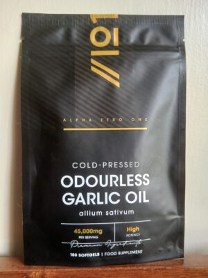 Alpha Zero One Odourless Garlic Oil 45,000mg softgels front packaging with 180 softgels for heart health, immune support and healthy circulation in Kenya.