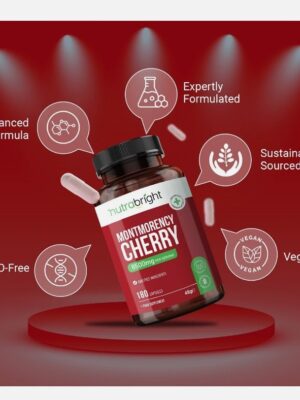 NutraBright Montmorency Cherry 6500mg supplement bottle containing 180 capsules