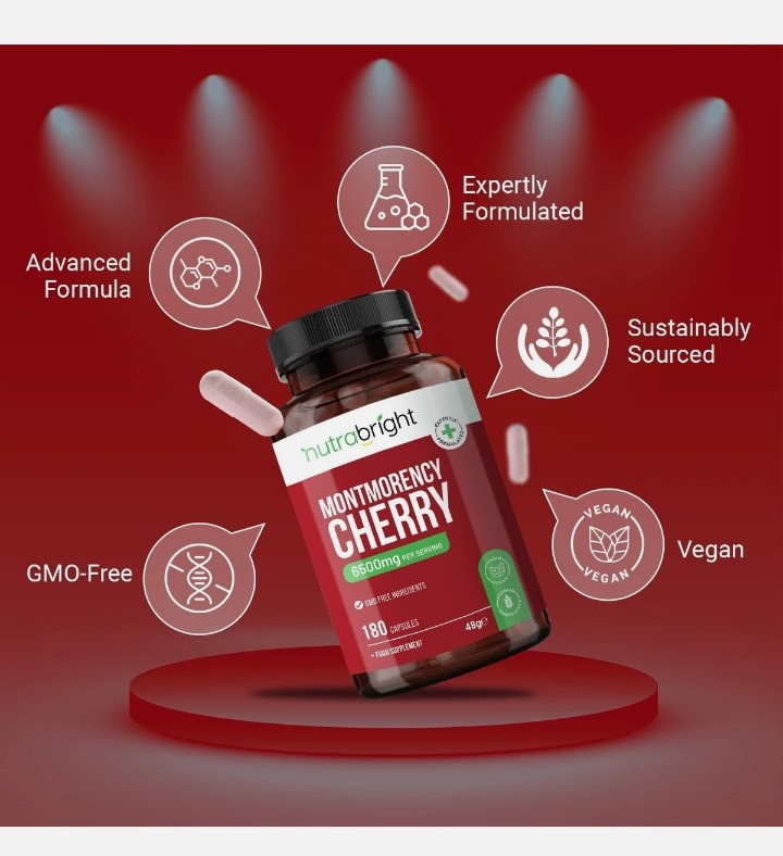 Montmorency tart cherry capsules NutraBright Montmorency Cherry 6500mg supplement bottle containing 180 capsules