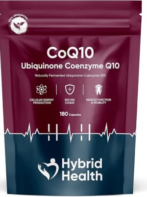 Hybrid Health CoQ10 Ubiquinone Coenzyme Q10 180 capsules pouch showing key benefits — cellular energy, muscle function, and 300mg CoQ10 per capsule. Back of Hybrid Health CoQ10 supplement pack showing nutritional facts, ingredients, suggested use, and manufacturer details.