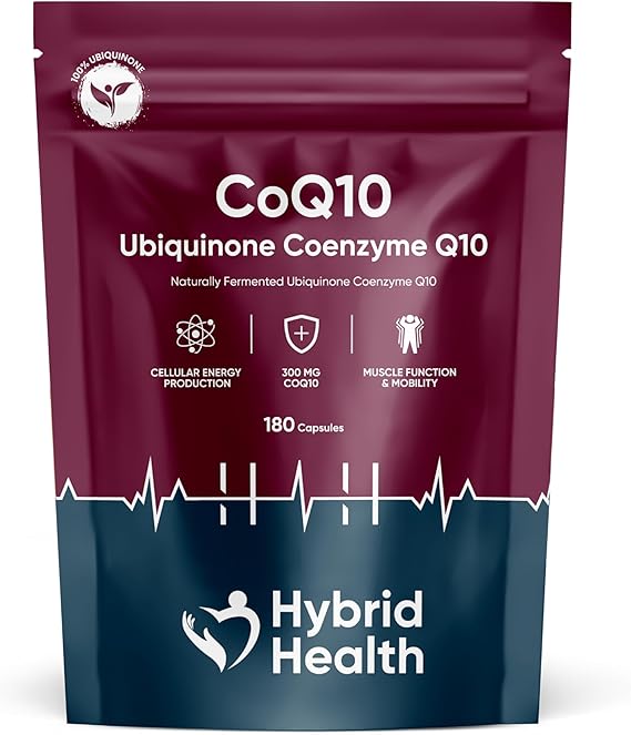 Ubiquinone - Coenzyme Q10, CoQ10 capsules Hybrid Health CoQ10 Ubiquinone Coenzyme Q10 180 capsules pouch showing key benefits — cellular energy, muscle function, and 300mg CoQ10 per capsule. Back of Hybrid Health CoQ10 supplement pack showing nutritional facts, ingredients, suggested use, and manufacturer details.