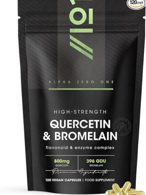 High-strength Quercetin and Bromelain supplement pack with 120 vegan capsules, containing 800mg quercetin and 396 GDU bromelain for allergy and immune support.