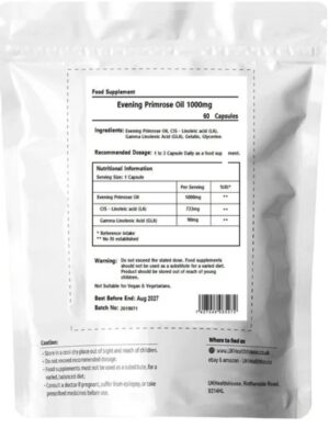 Evening Primrose Oil 1000mg capsules 60 count pack – dietary supplement for hormonal balance, skin health, and women’s wellness in Kenya.