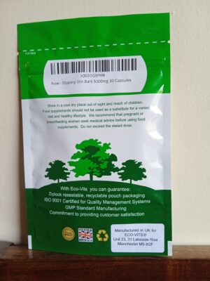 Eco-Vits Slippery Elm Bark 5000mg 30 capsules pouch – natural dietary supplement for digestion, throat health, and hormonal balance in Kenya.