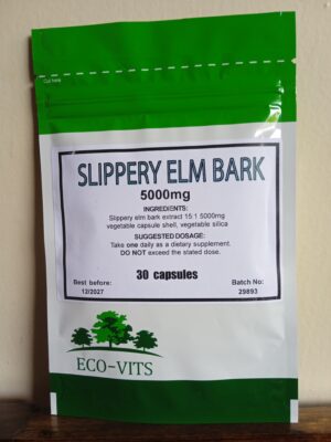 Eco-Vits Slippery Elm Bark 5000mg 30 capsules pouch – natural dietary supplement for digestion, throat health, and hormonal balance in Kenya.
