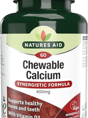 Natures Aid Chewable Calcium with Vitamin D3 400mg tablets in natural lemon flavour, 60 vegan-friendly tablets bottle for healthy bones and teeth.