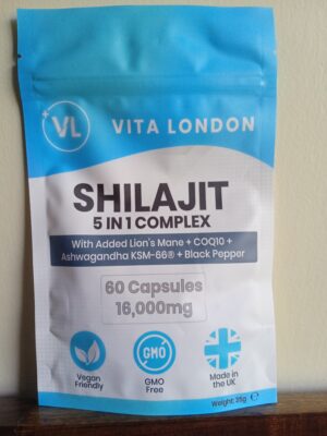 Vita London Shilajit 5-in-1 Complex bottle featuring Shilajit, Ashwagandha, Lion’s Mane, CoQ10, and Black Pepper capsules