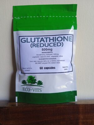 Eco-Vits Glutathione Reduced 500mg capsules pouch with 60 vegan capsules, antioxidant supplement for skin health, detox, and immunity in Kenya.