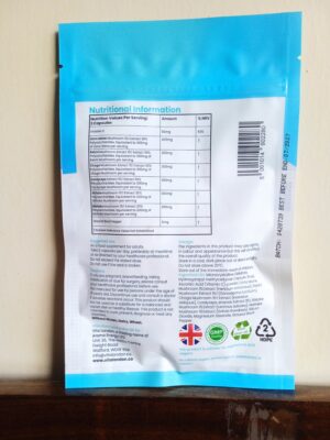 Back of Vita London Advanced Mushroom 6 in 1 Superblend Complex showing nutritional information, ingredients, dosage instructions and UK manufacturing details.