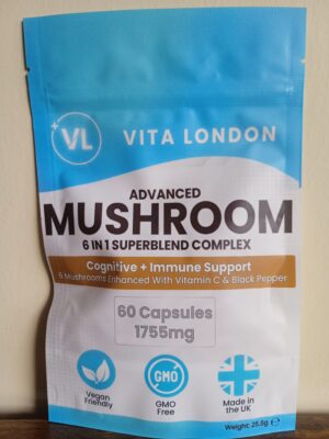 Vita London Advanced Mushroom 6 in 1 Superblend Complex capsules with Lion’s Mane, Reishi, Chaga, Cordyceps, Shiitake and Maitake, 60 capsules.