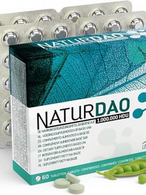 Diamine Oxidase (DAO) Enzyme tablets by NaturDAO, 60 tablets, showing product box, blister packs and tablets for histamine intolerance support.