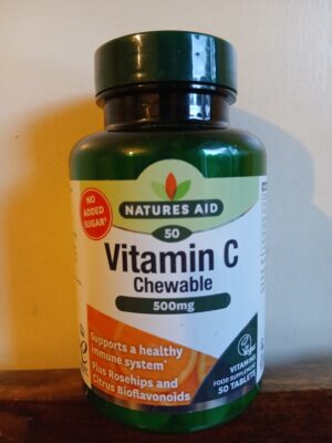 Natures Aid Vitamin C 500mg chewable tablets bottle with no added sugar, featuring rosehips and citrus bioflavonoids for immune support