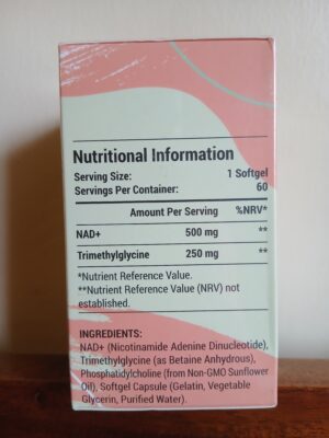 Liposomal NAD+ and TMG nutritional information showing 500mg NAD+ and 250mg trimethylglycine per softgel