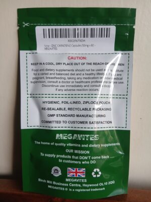 Zinc L-Carnosine 50mg capsules packaging and supplement information